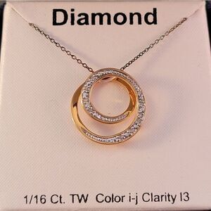 Gold Over Sterling Genuine Diamond Double Circle  Pendant Necklace - New In Box